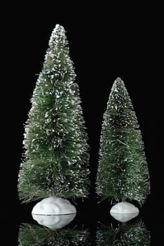 Miniature green pine trees with white snow on black background.