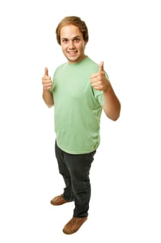 young casual man going thumbs up in a white background