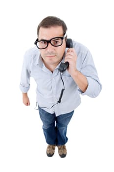 young man with a phone, isolated on white