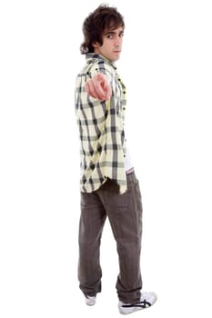 casual young man full body, pointing, isolated on white