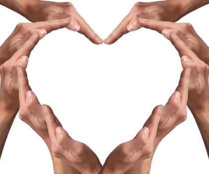 Man hands arranged in a heart shape isolated on white background. Love concept