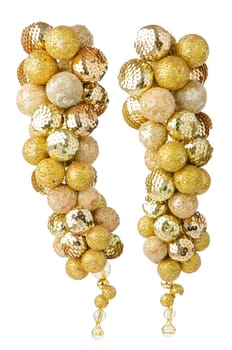 Christmas decoration simulating a bunch of golden grapes isolated on white background.