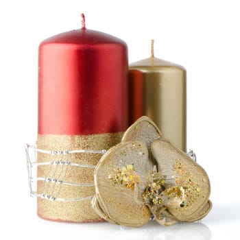 Christmas candle decoration on white background.