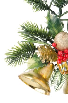 Christmas decorations on white reflective background.