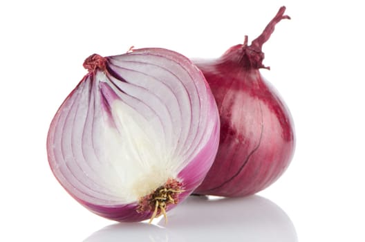 Red sliced onion isolated on white background.