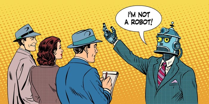 robot presidential candidate gives interview pop art retro style. Lies in politics. Political candidate. Technology and progress.