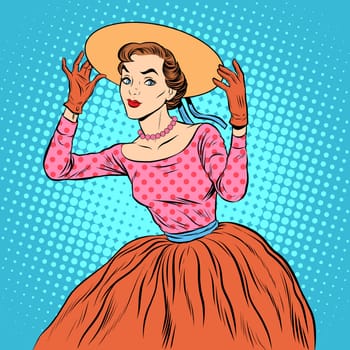 Flirty girl with a fashionable hat pop art retro style. Womens fashion and beauty