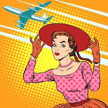 Woman airport journey pop art retro style. Tourism and rest. Girl in wide-brimmed hat sees off the plane