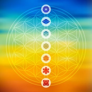Sacred geometry Flower of Life design with seven main chakra icons over colorful blurred gradient background. EPS10 vector.