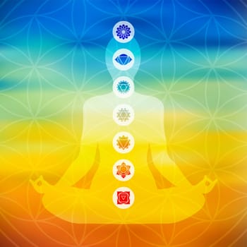 Body silhouette doing yoga lotus pose with chakra icons on flower of life sacred geometry, colorful blurred background. EPS10 vector.