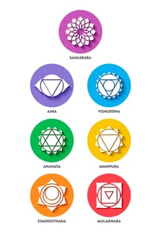 Set of colorful chakra yoga icons in simple flat style with drop shadow effect, isolated. EPS10 vector.