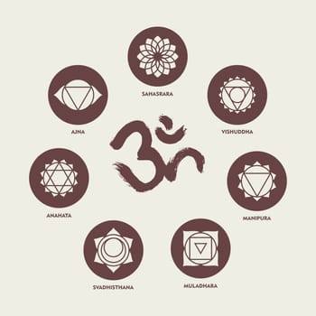 Set of simple monochrome chakra icons isolated with names and om handmade calligraphy. EPS10 vector.