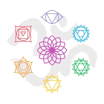 Set of simple outline chakra icons with om handmade calligraphy background. EPS10 vector.