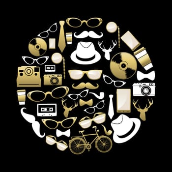 Vintage hipster icons silhouette concept. Fashion elements, phone, bike and more in gold color. EPS10 vector.