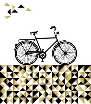 Concept bike silhouette on abstract hipster geometry background in gold color. EPS10 vector.
