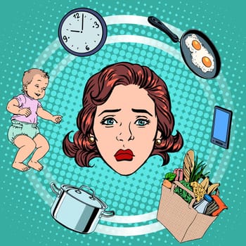 Woman housework sadness pop art retro style. International womens day. Wife and housewife