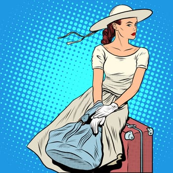 The girl passenger Luggage pop art retro style. A tourist trip. Beautiful lady woman