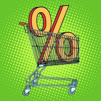 Grocery cart percentage discount pop art retro style. The business concept for trade and sale