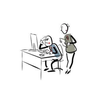 Hard computer work. Business concept work on the project. The designer thinks. Character comic sketch style hand drawing