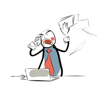 Angry boss business papers. Character comic sketch style hand drawing. Emotions in business negotiations. Phone conversation