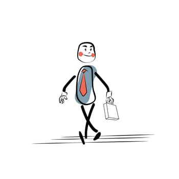 Positive businessman goes to work. Character comic sketch style hand drawing. Business concept success