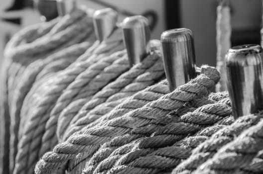 The ropes braided in bays on an ancient sailing vessel