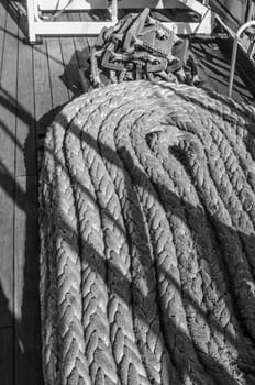 The ropes braided in bays on an ancient sailing vessel