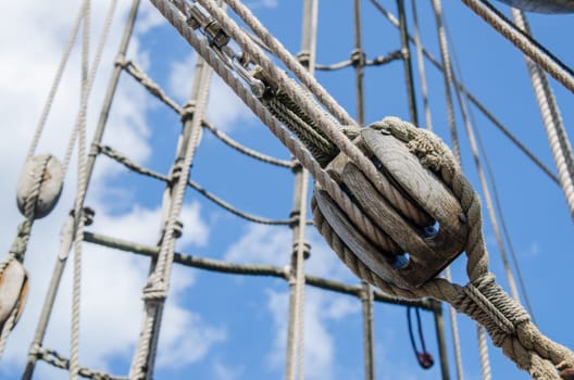 Blocks and rigging at the old sailboat, close-up