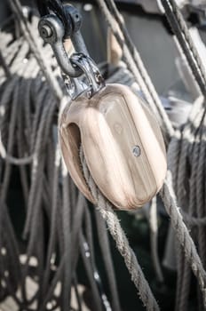 Blocks and rigging at the old sailboat, close-up