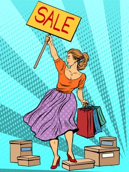 Discount woman sale pop art retro style. Liberty Leading the People. The concept of business buyers and sellers