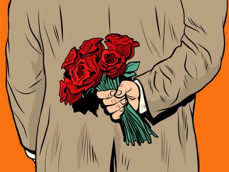 Flower bouquet roses gift surprise pop art retro style. The man congratulates the woman. International womens day. Holiday birthday anniversary. Love and care. Valentines day