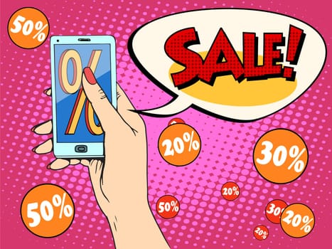 Discount online store smartphone app woman pop art retro style. Business concept online trading new technology and shopping. The woman buyer