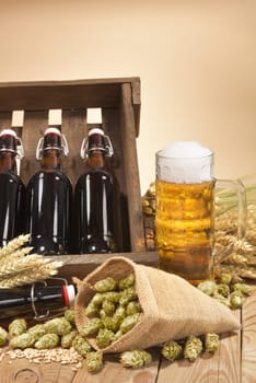Beer box and beer glass with wheat,barley,hops and malt