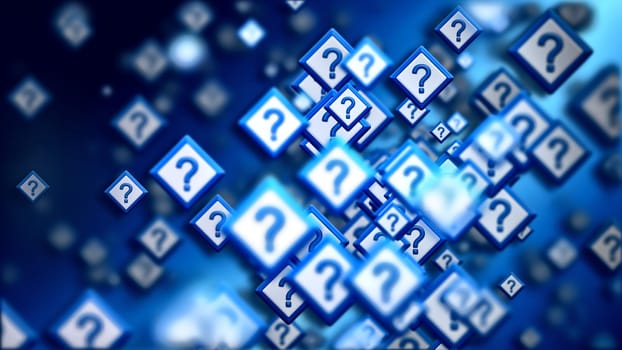 Group of signs with question marks on a blue backdrop, as a concept of questions of the choice from the internet community in cyberspace. Abstract futuristic horizontal background.