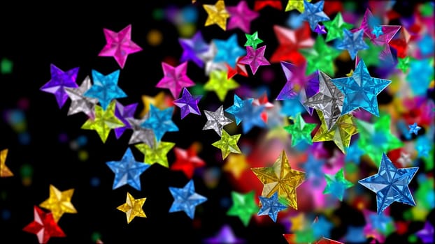 Glistening colourful glossy glass stars on the dark backdrop for any celebration or festive background, looks as luxury brilliants, rubies, sapphires and other gems