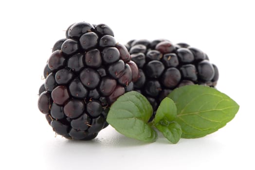 Blackberries with leaves isolated on white background.