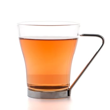 Glass cup of black tea isolated on white background.