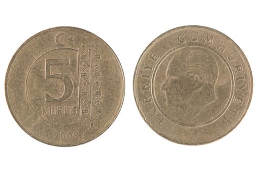 5 turkish kurus coin isolated on white background.