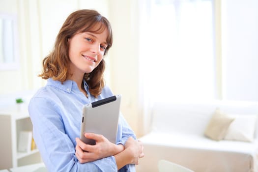 View of a young business woman with a tablet
