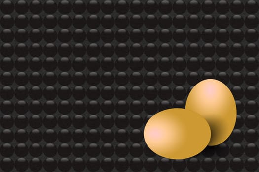 Pattern of black metal background with black balls. Two golden eggs are in the foreground them.