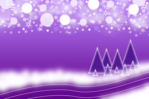 The white and blue blurred balls and snowflakes on a purple background. Balls and snowflakes are placed on the top of the picture. The blue silhouettes of trees with lights on the top  are placed  in the bottom right of the picture.