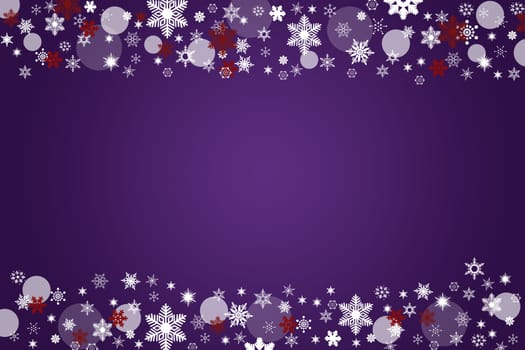 The white, red and silver blurred balls and snowflakes on a purple background with light center.Balls are placed on the top and bottom of the picture.