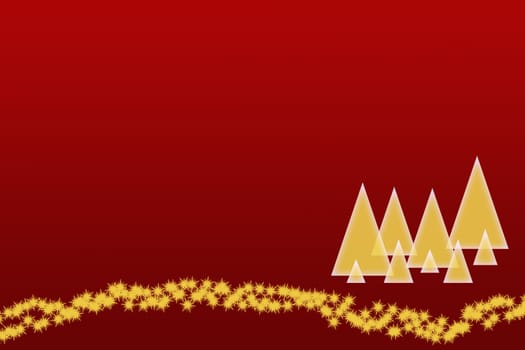 The dark red christmas background with gold silhouettes of trees and the strip of golden stars at the bottom right of the picture.