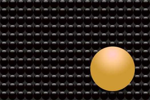 Pattern of black metal background with black balls. Golden bigger ball is in the foreground them.