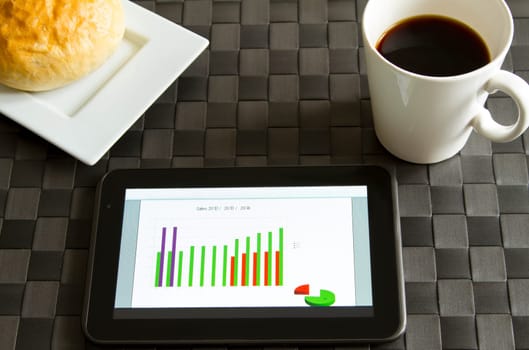 Working, analyzing graphics with the tablet and having breakfast.