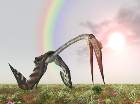 Computer-generated 3D illustration with the flying dinosaur Quetzalcoatlus in front of a rainbow