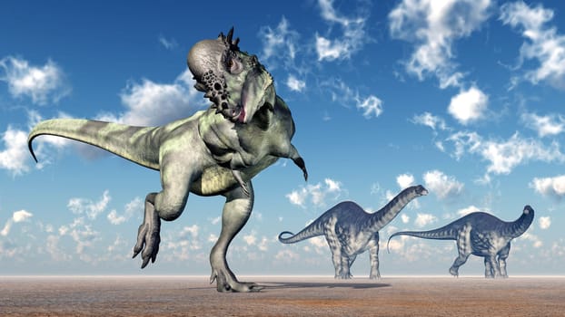 Computer-generated 3D illustration with the dinosaurs Pachycephalosaurus and Apatosaurus