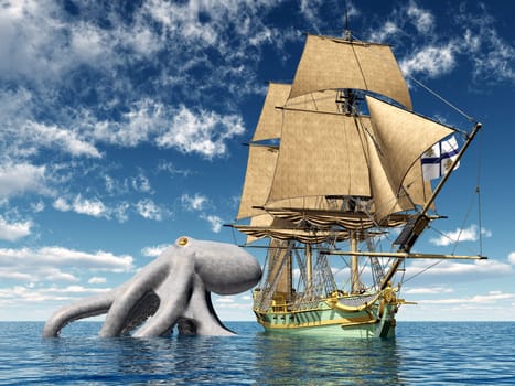 Computer-generated 3D illustration with an 18th century corvette and a giant octopus