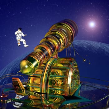 Computer-generated 3D illustration with a giant telescope,an astronaut and a planet