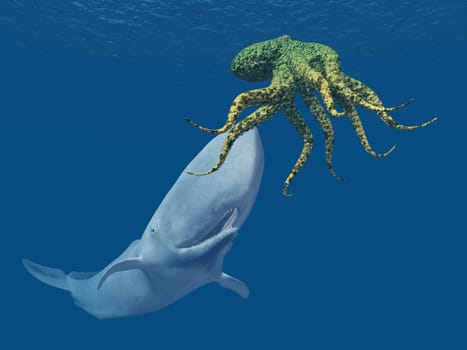 Computer-generated 3D illustration with a sperm whale and an octopus